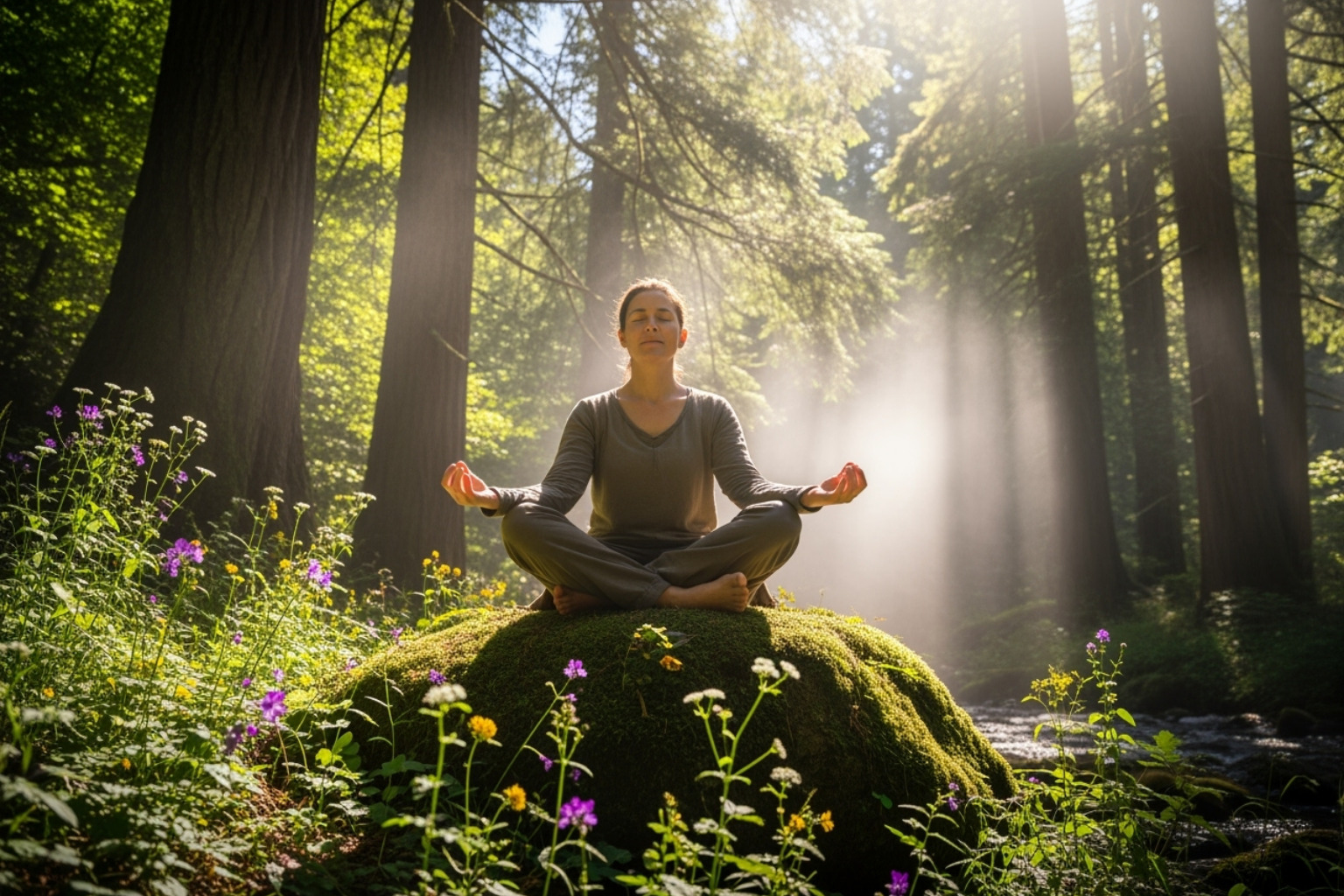 A person meditating peacefully outdoors, surrounded by nature - What helps chronic pain?