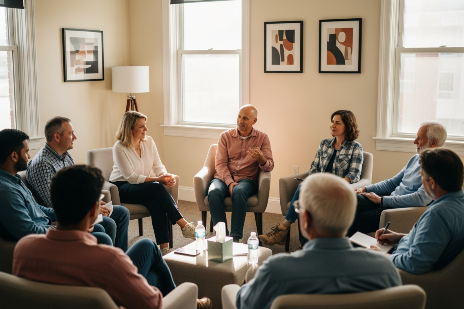 A diverse group of people engaged in a supportive conversation in a brightly lit room, representing a support group meeting - What helps chronic pain?