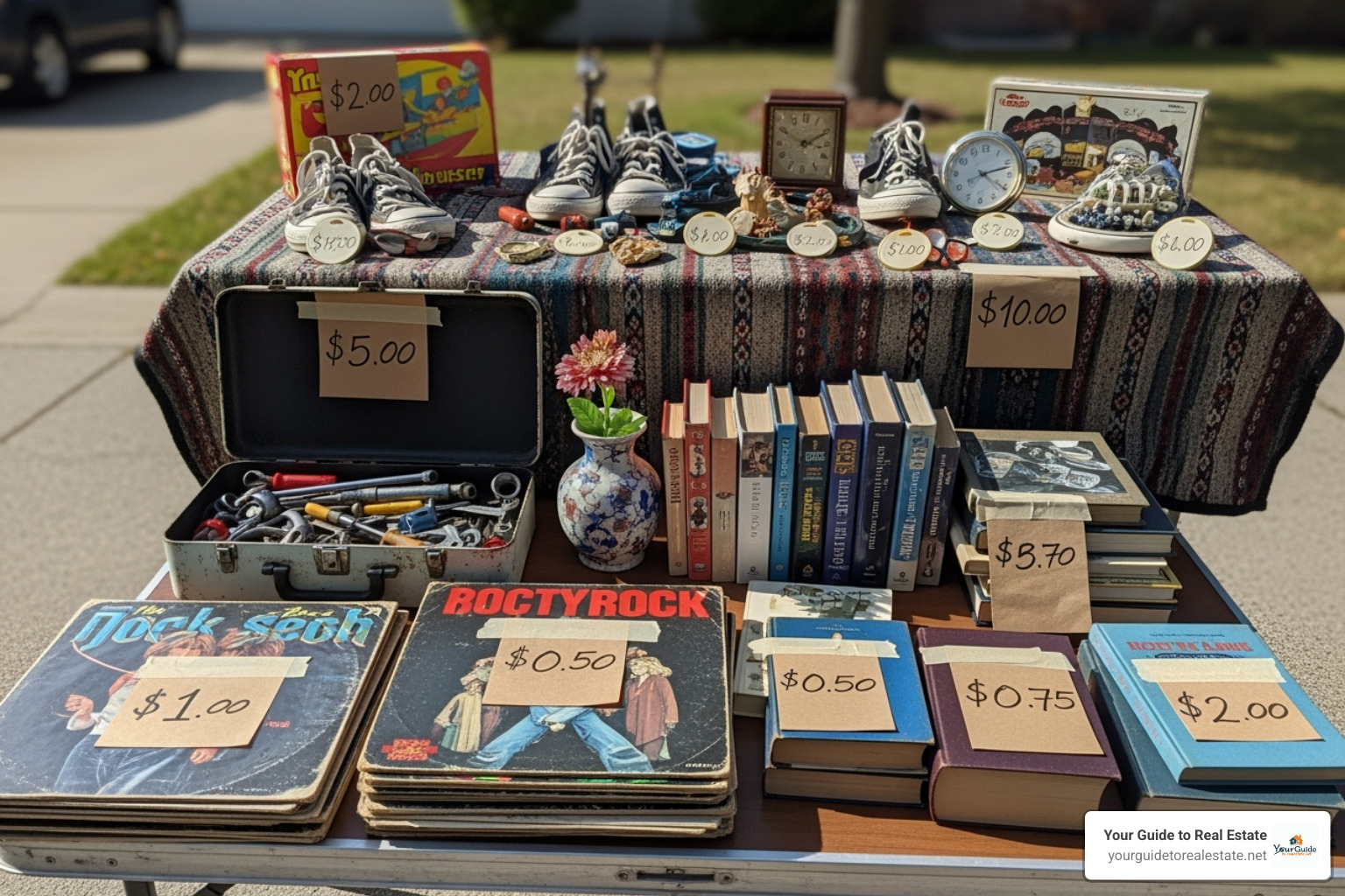 An image showing a variety of price tags, some handwritten with round numbers like $1.00, $0.50, and $0.25, attached to different garage sale items. - how to price garage sale items
