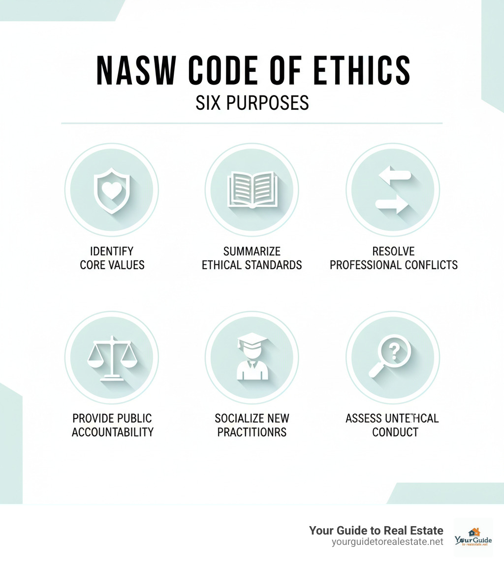 Infographic showing the six purposes of the NASW Code of Ethics: identifying core values, summarizing ethical principles and standards, helping resolve professional conflicts, providing public accountability standards, socializing new practitioners to the field, and establishing criteria for assessing unethical conduct - social work code of ethics infographic 