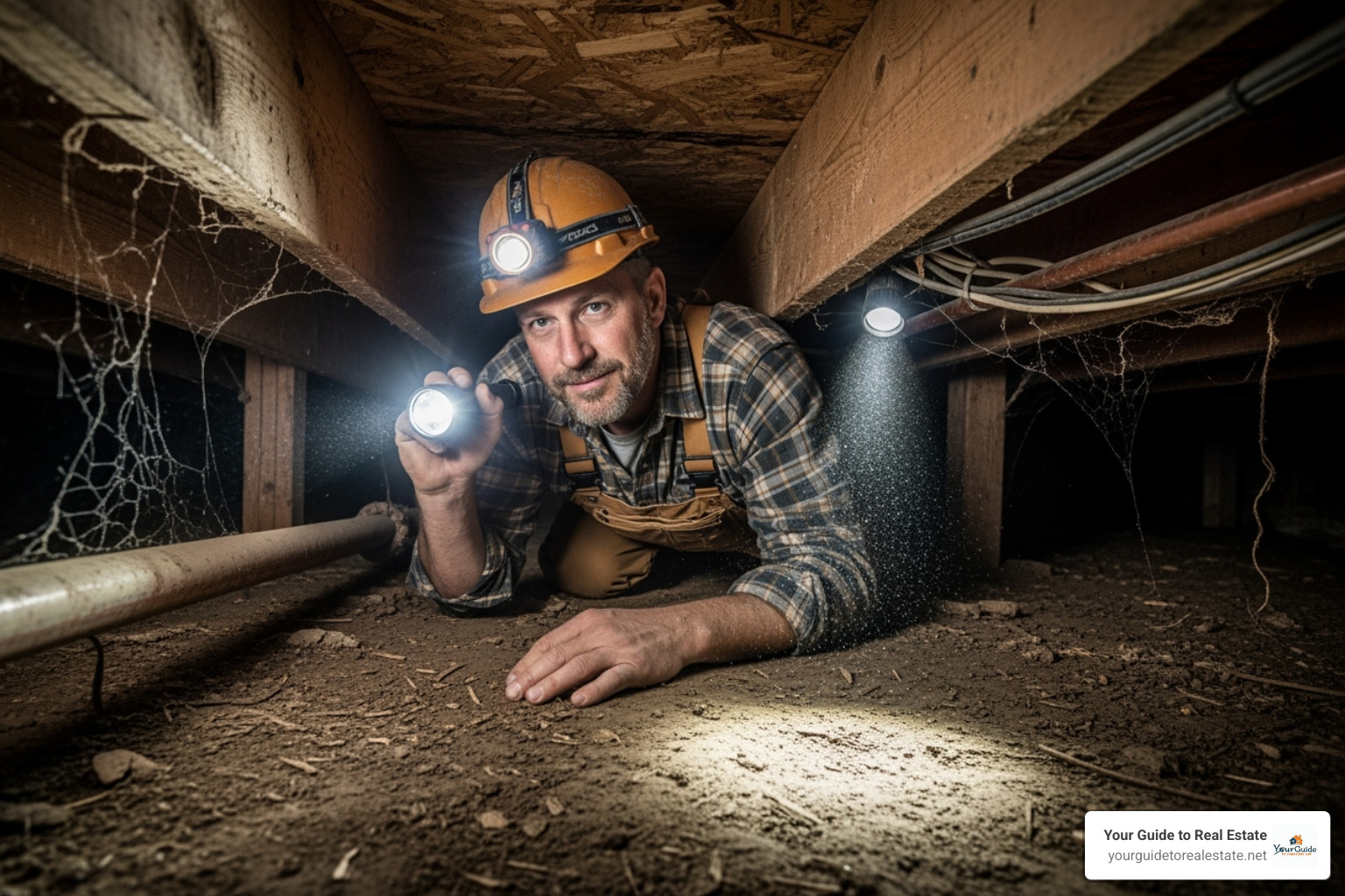 Inspector in a dark crawlspace with a flashlight - how long does a home inspection take