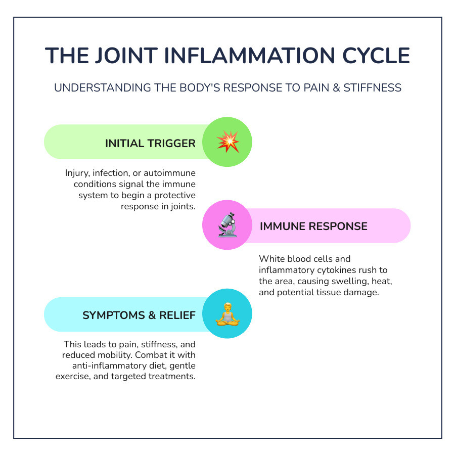 Comprehensive infographic showing the inflammatory response in joints, including triggers like injury and autoimmune reactions, the cellular process involving white blood cells and cytokines, resulting symptoms of swelling and stiffness, and natural relief methods including anti-inflammatory foods, gentle exercise, and topical treatments - What helps joint inflammation? infographic infographic-line-3-steps-colors