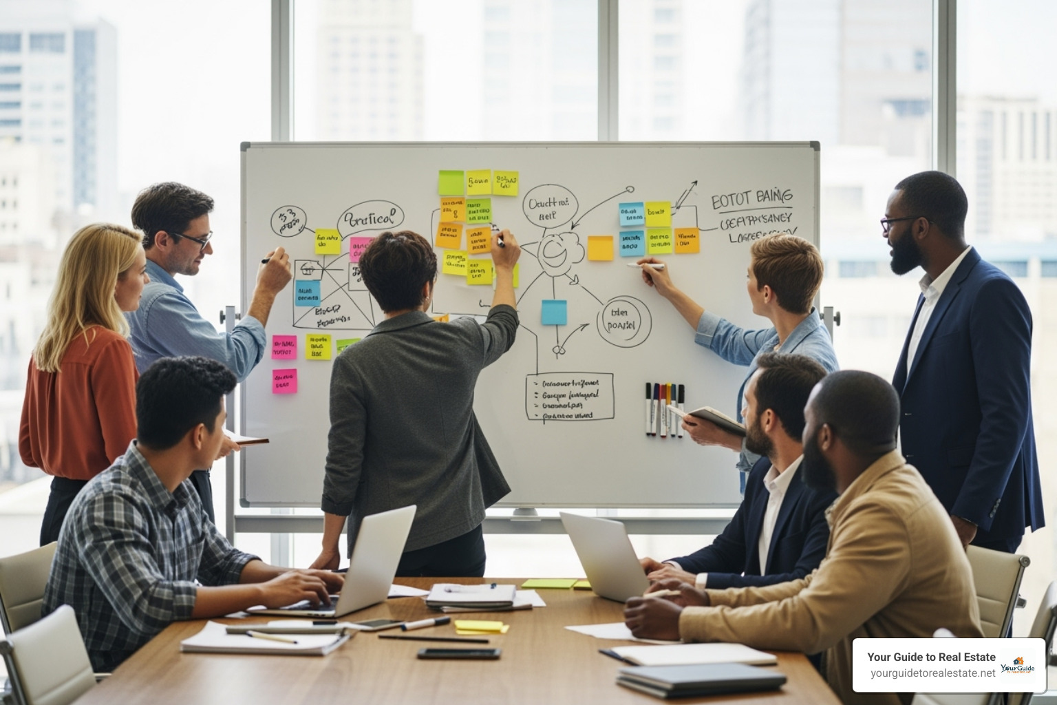 diverse team brainstorming on a whiteboard with sticky notes - code of ethics example