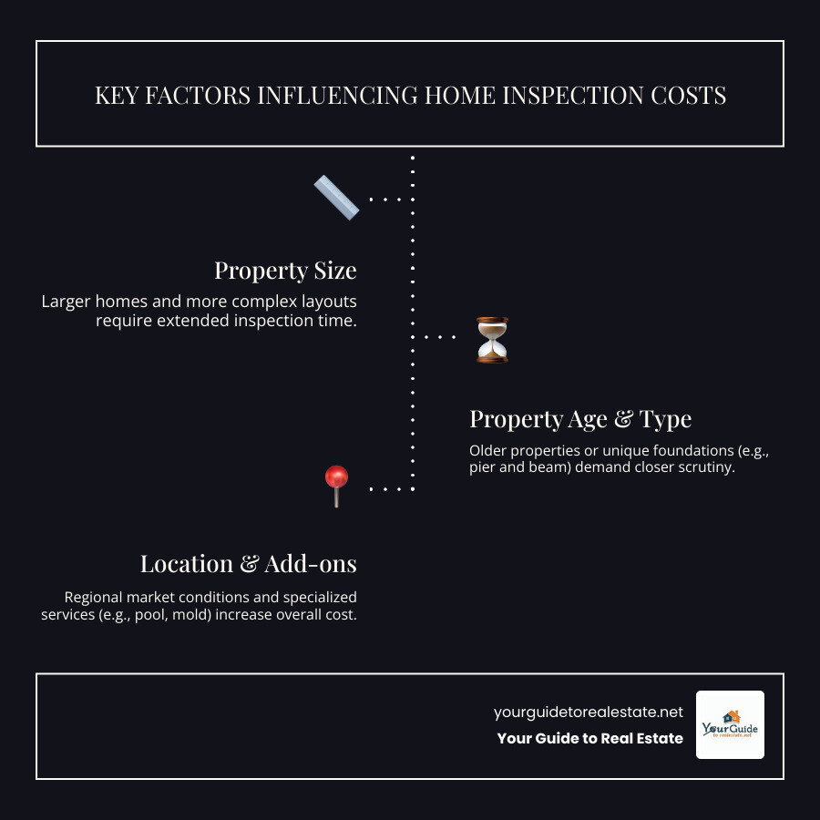Detailed breakdown showing factors that influence home inspection costs including property size, location, age of home, additional structures like pools or garages, specialized services like mold testing, and regional market conditions with specific cost ranges for each factor - cost of home inspection infographic infographic-line-3-steps-dark