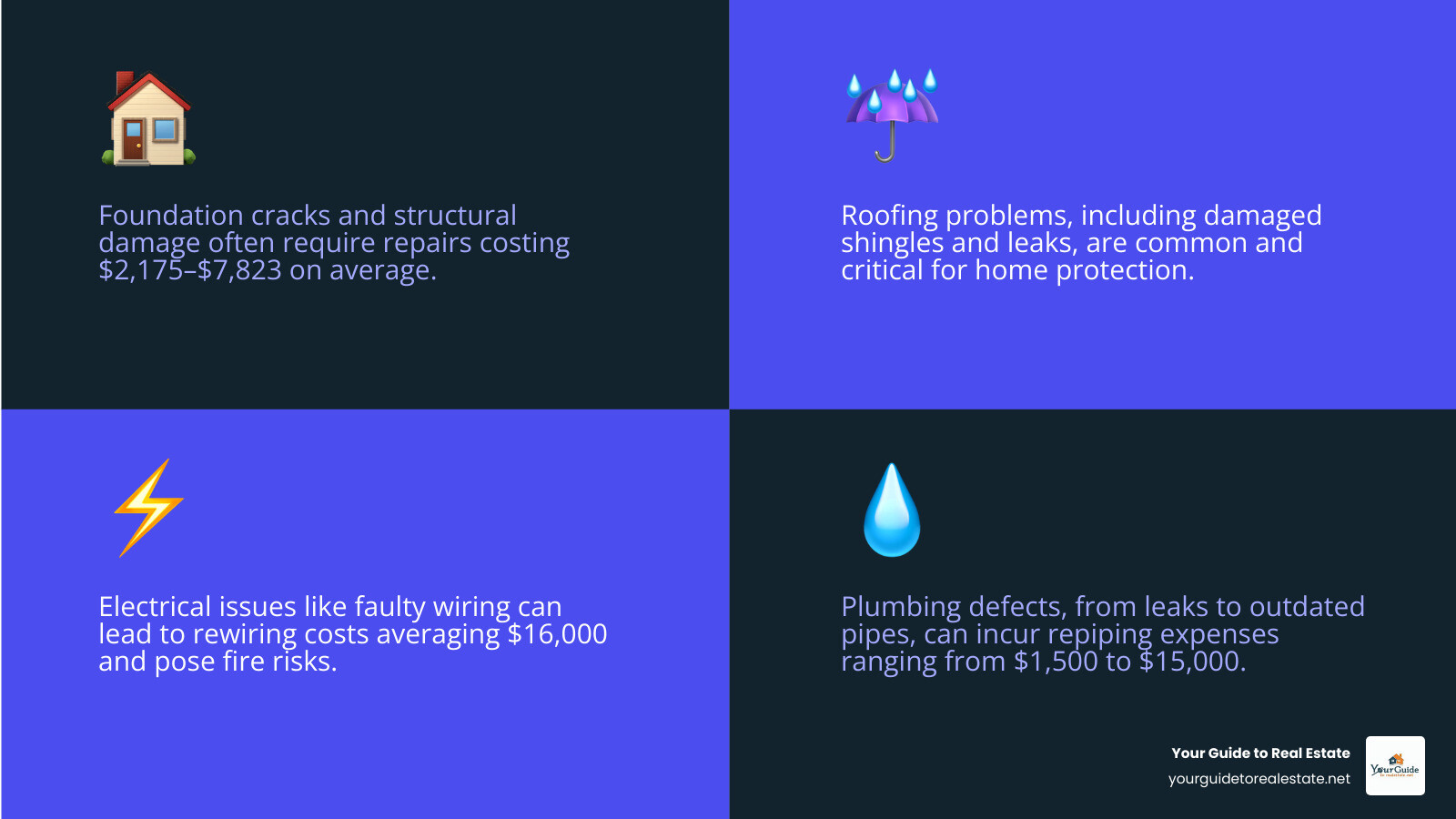 Infographic showing the top 5 most common home inspection failures: roofing issues with damaged shingles icon, electrical problems with lightning bolt and panel icon, plumbing defects with leaky pipe icon, foundation cracks with house foundation icon, and HVAC system failures with furnace icon, along with average repair costs for each category - things that fail a home inspection infographic 4_facts_emoji_blue