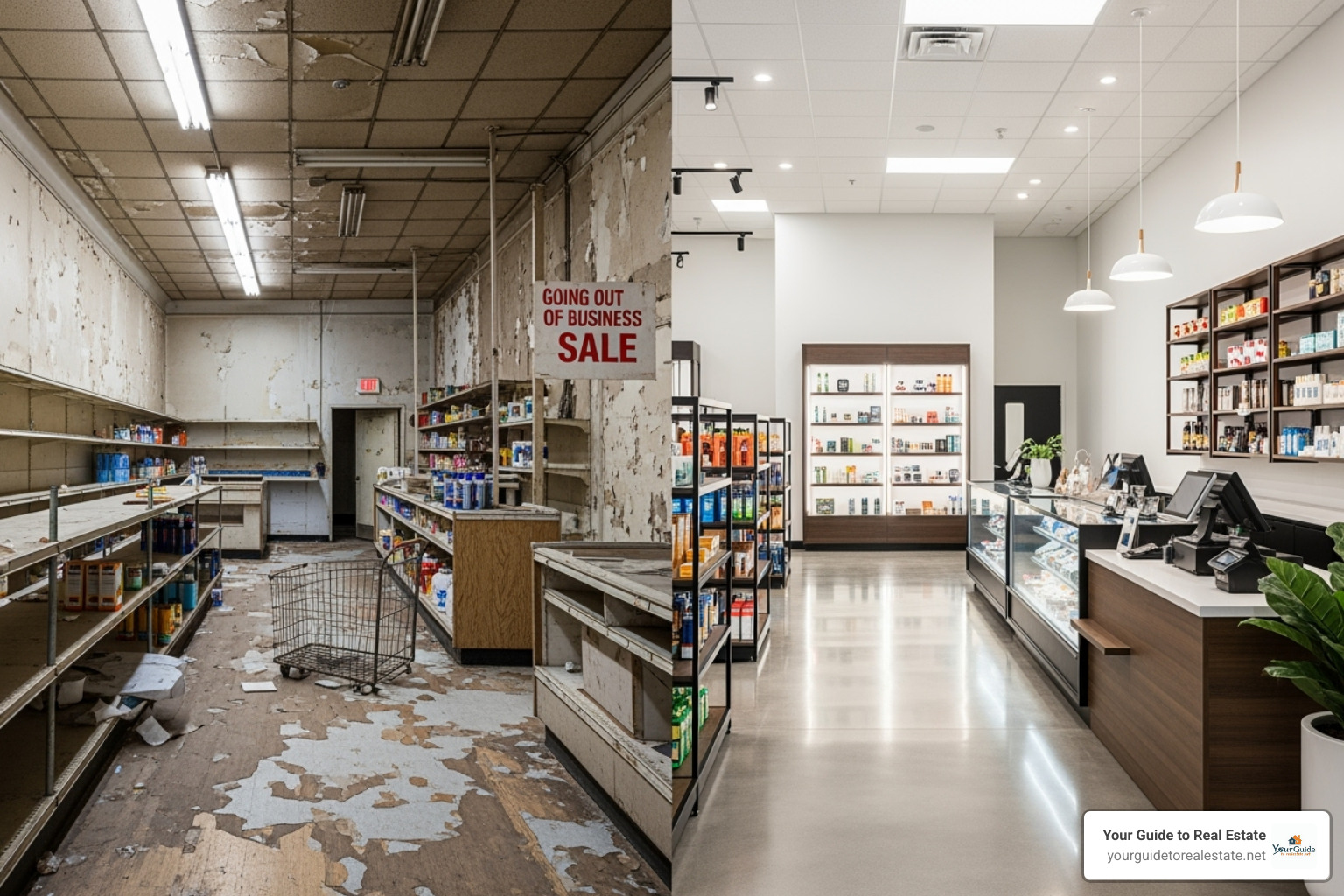 worn-out retail space next to a newly remodeled one - commercial remodeling