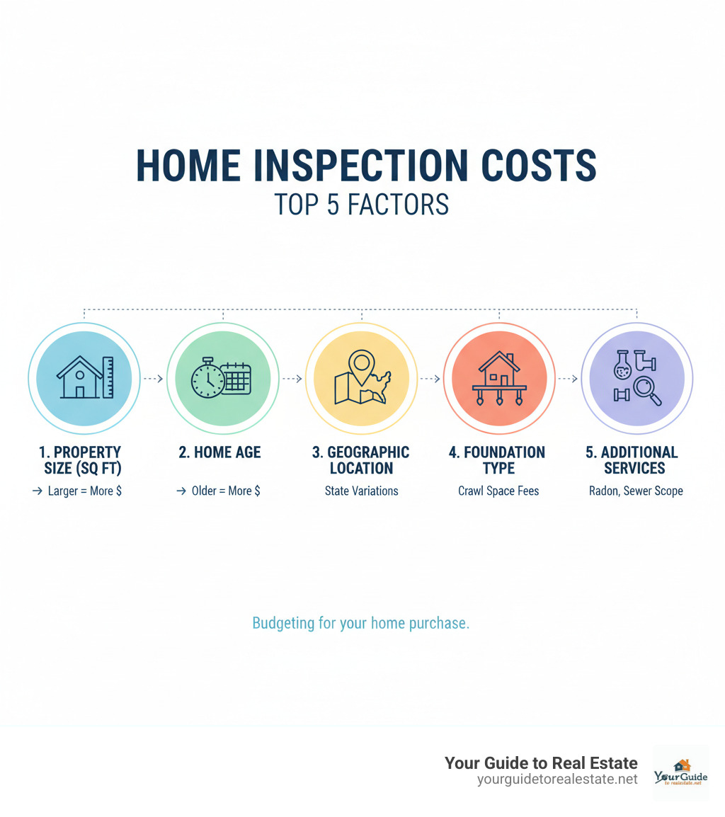 Infographic showing the top 5 factors that influence home inspection costs: property size measured in square feet, home age with older homes costing more, geographic location with state-by-state variations, foundation type including crawl space fees, and additional services like radon testing and sewer scopes - home inspection cost calculator infographic 