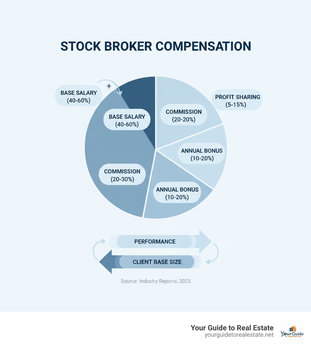 Infographic showing stock broker total compensation breakdown: Base Salary (40-60%), Commission (20-30%), Annual Bonus (10-20%), and Profit Sharing (5-15%), with arrows indicating how performance and client base size affect each component - stock broker salary infographic 