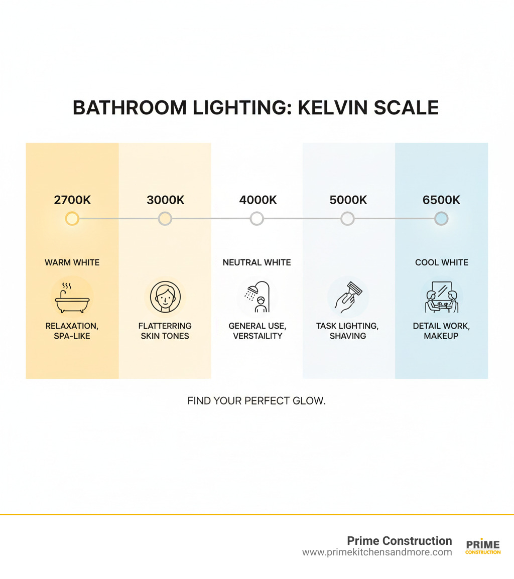 Infographic showing the Kelvin scale from 2700K warm white light with yellowish glow on the left, progressing through 3000K, 4000K neutral white, 5000K, to 6500K cool white with bluish tint on the right, with bathroom icons showing best uses for each temperature range - Warm white bathroom infographic 