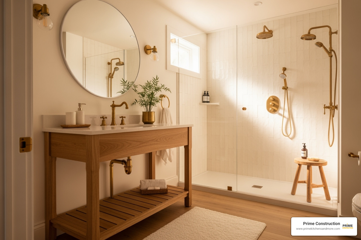 warm white bathroom featuring natural wood and brass hardware - Warm white bathroom
