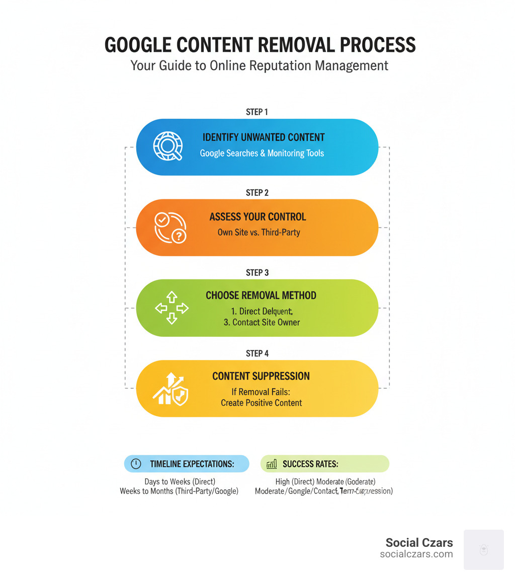 Comprehensive infographic showing the Google content removal process: Step 1 - Identify unwanted content through Google searches and monitoring tools, Step 2 - Assess your level of control over the content (own website vs third-party site), Step 3 - Choose removal method (direct deletion, Google removal request, or contact site owner), Step 4 - Implement content suppression strategies if removal isn't possible, with timeline expectations and success rates for each approach - how to remove stuff from google search infographic 