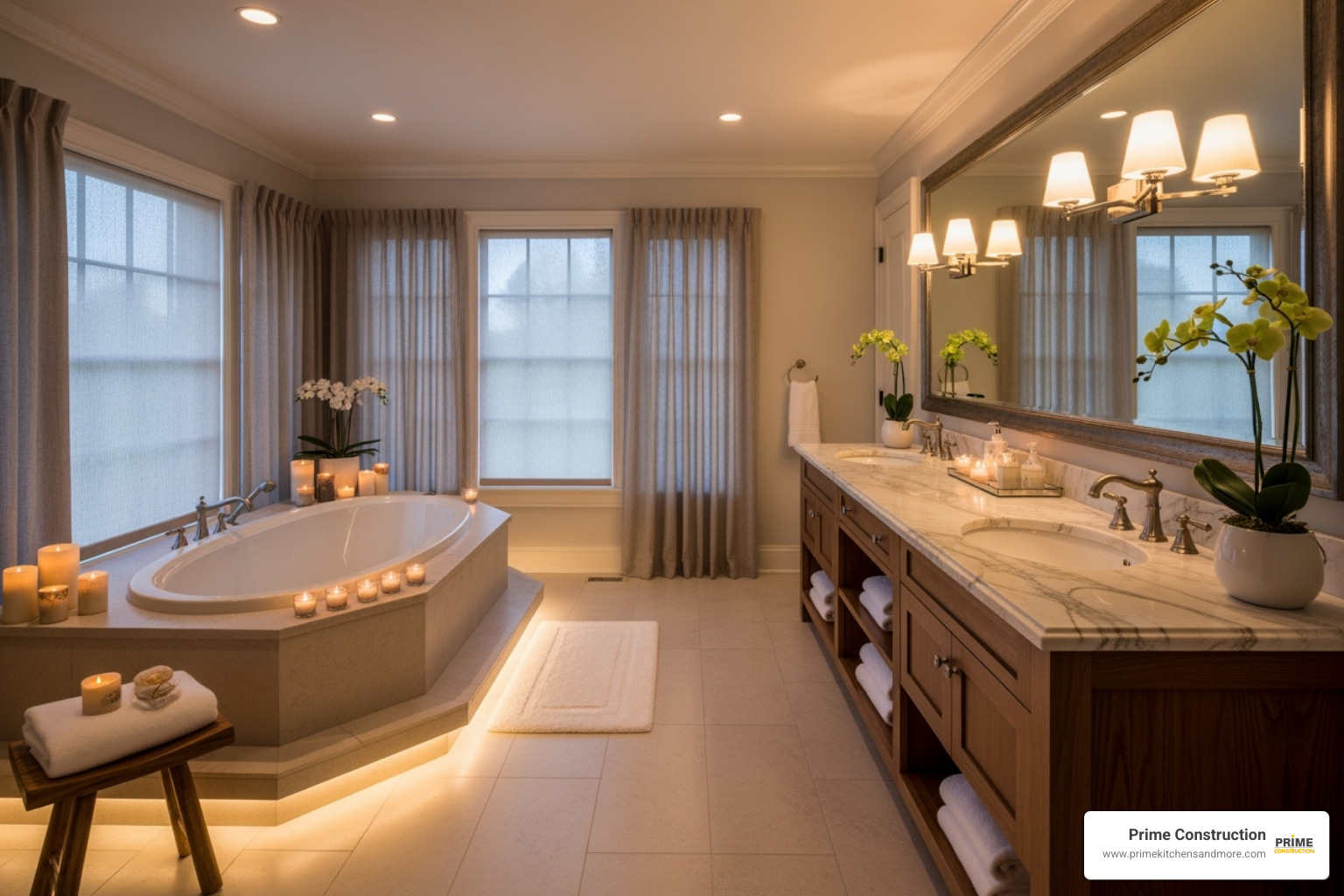 luxurious spa-like bathroom with warm, layered lighting - Warm white bathroom