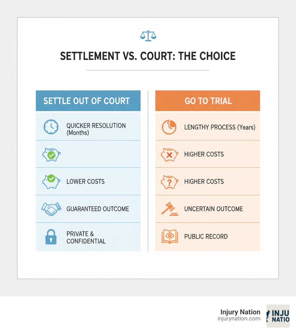 Table comparing the pros and cons of settling out of court versus going to trial - attorney slip and fall injury infographic 