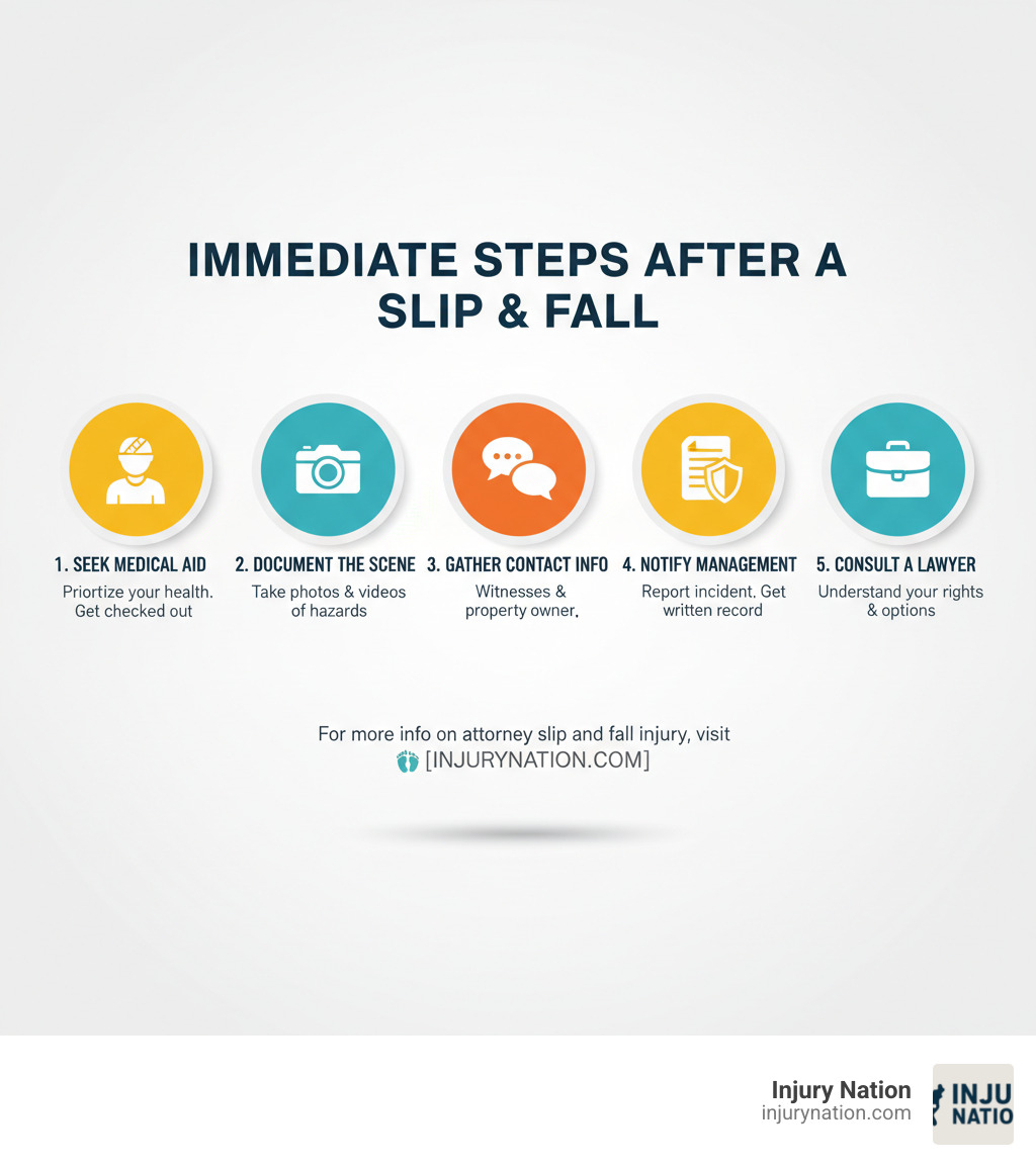 Infographic explaining the 5 immediate steps to take after a slip and fall accident. - attorney slip and fall injury infographic 