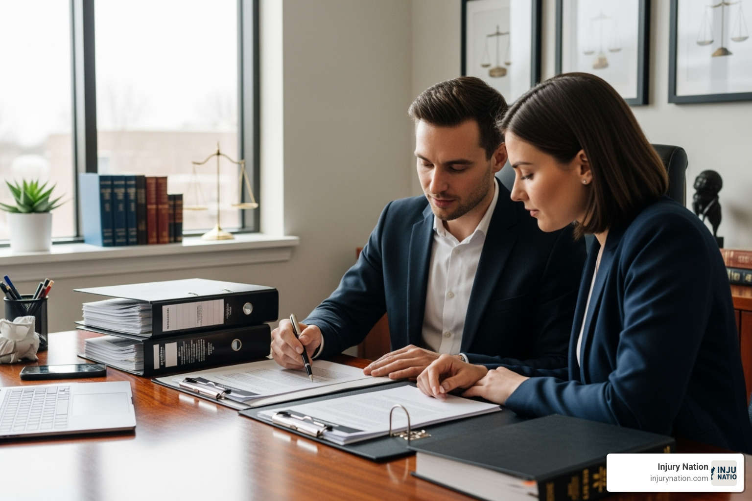 of a lawyer and client sitting at a desk reviewing documents together - attorney slip and fall injury
