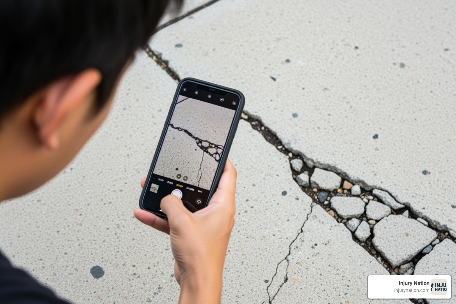 of a person using their smartphone to photograph a cracked sidewalk - attorney slip and fall injury