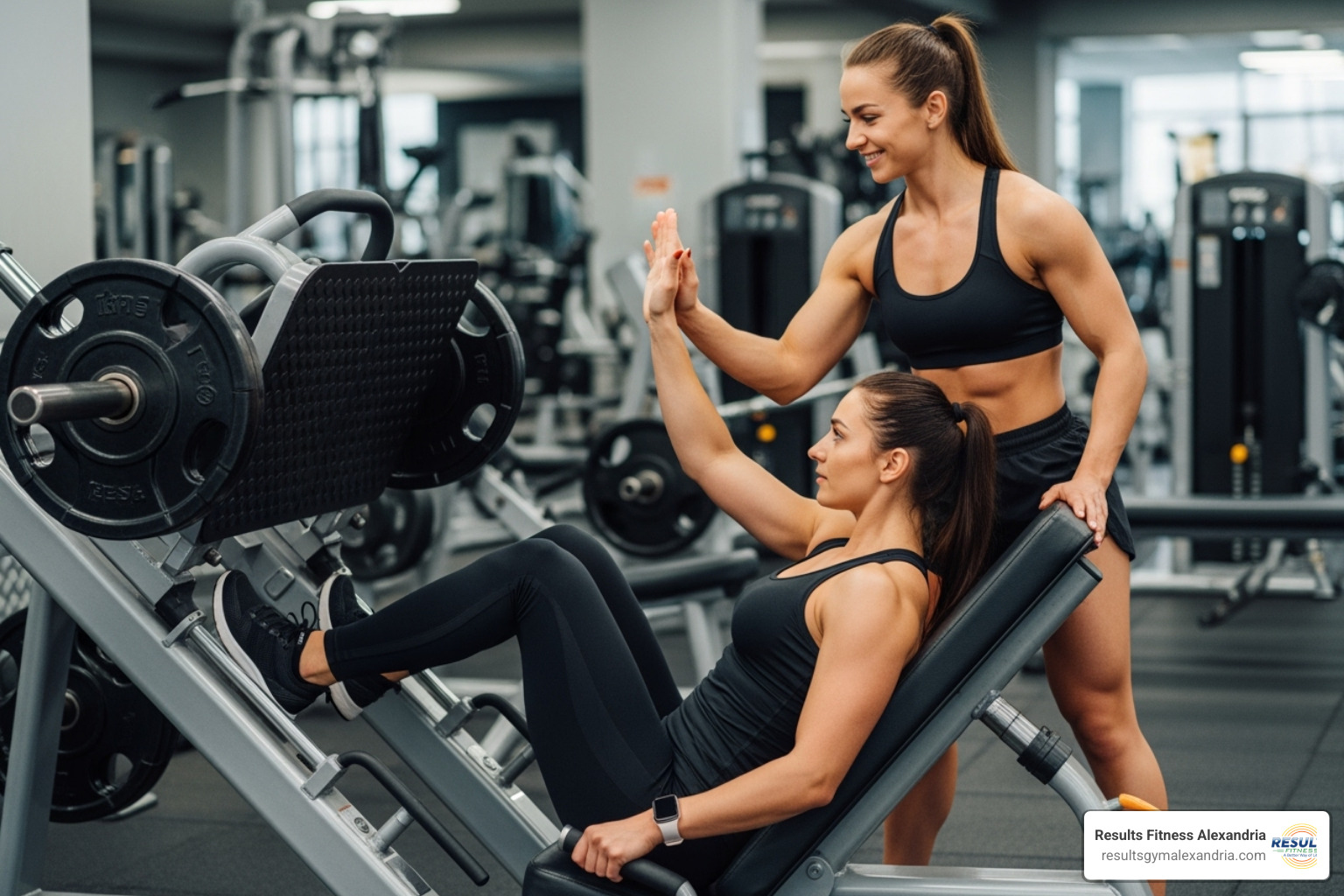 two women spotting each other on a weight machine and giving a high-five - all womens gym