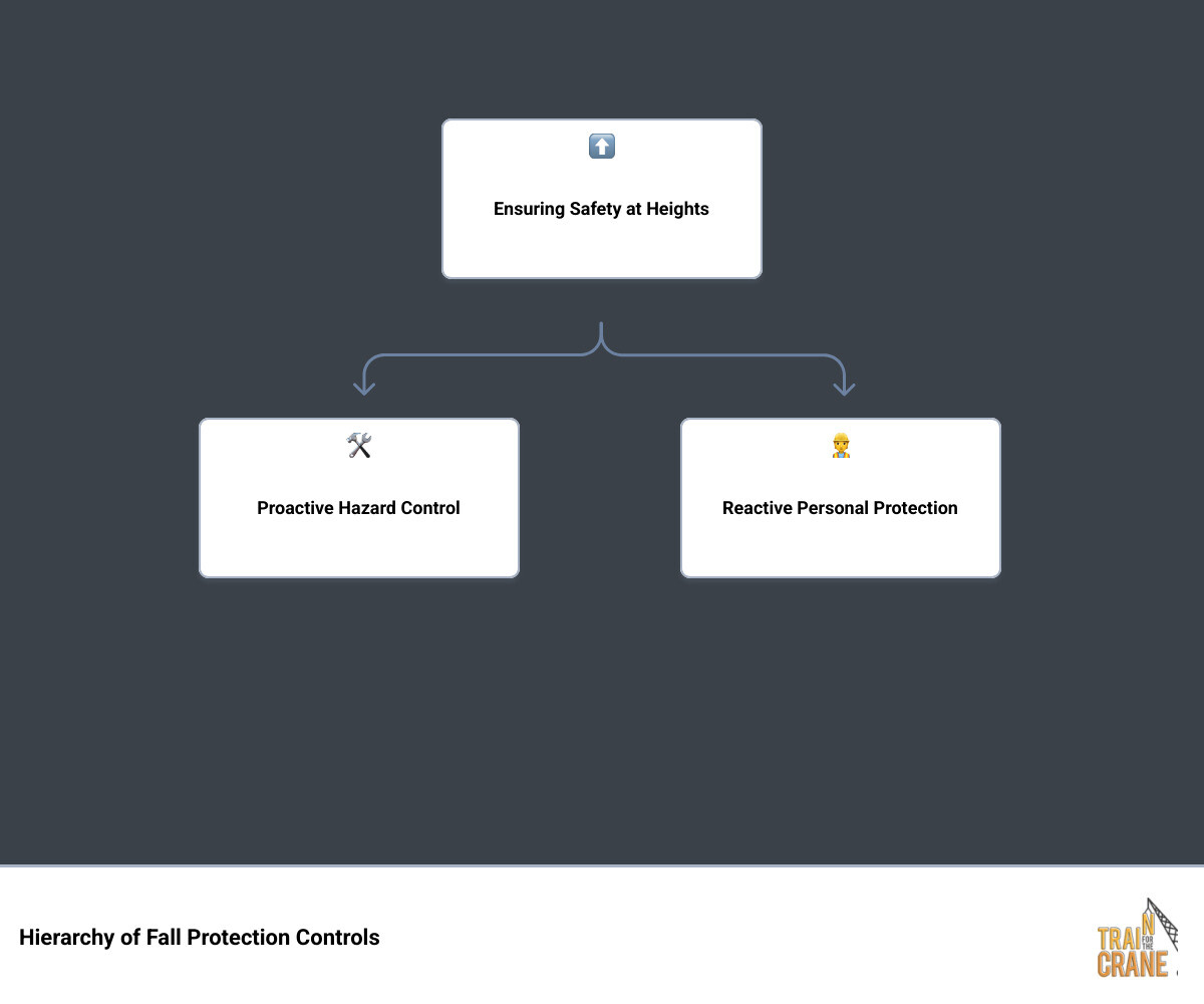 Infographic showing the hierarchy of fall protection controls: elimination (removing the hazard), substitution (replacing with safer methods), engineering controls (guardrails, safety nets), administrative controls (training, procedures), and personal protective equipment (harnesses, lanyards) as the last line of defense - fall arrest training certificate infographic hierarchy