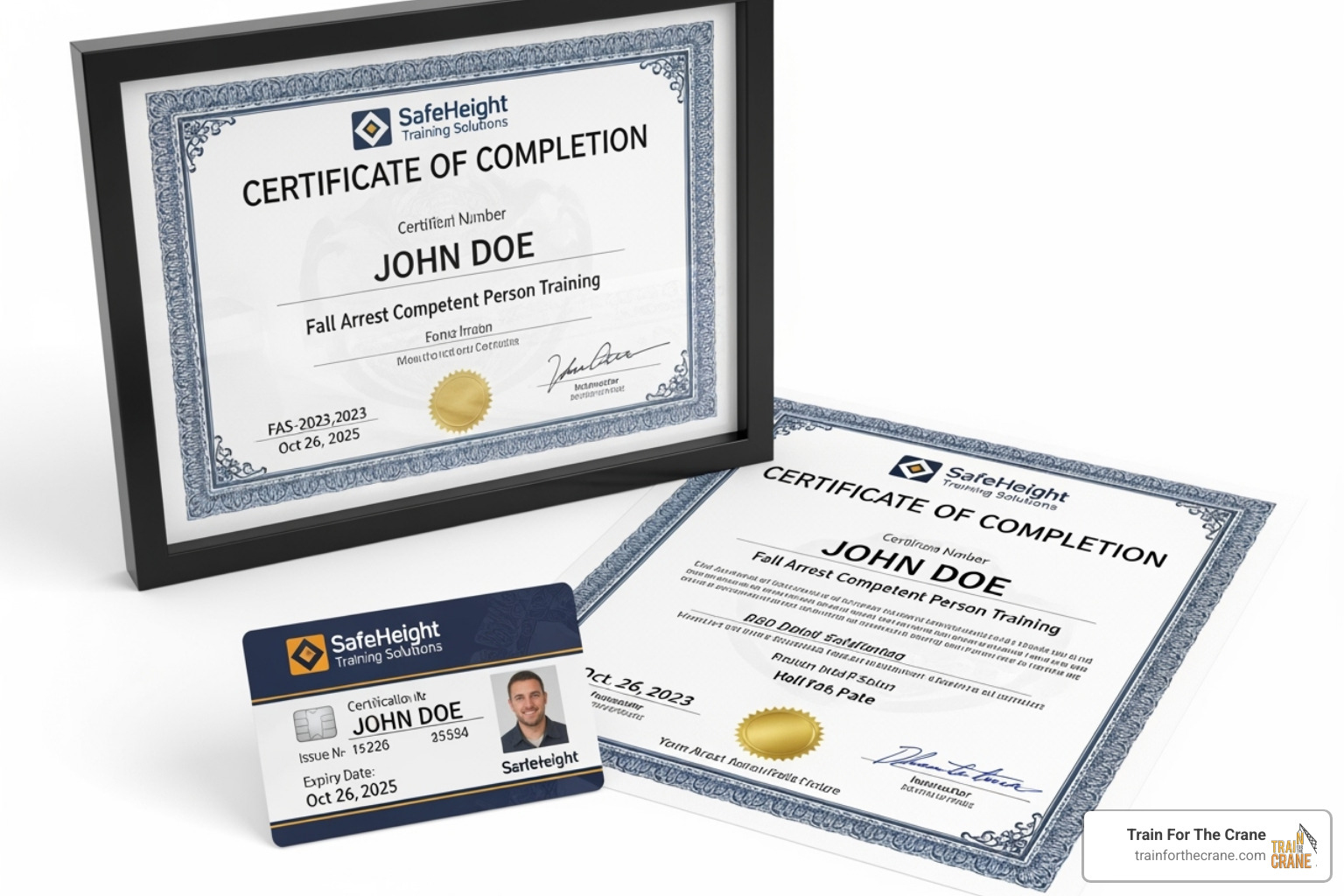Image of a sample fall arrest training certificate wallet card and wall mount - fall arrest training certificate