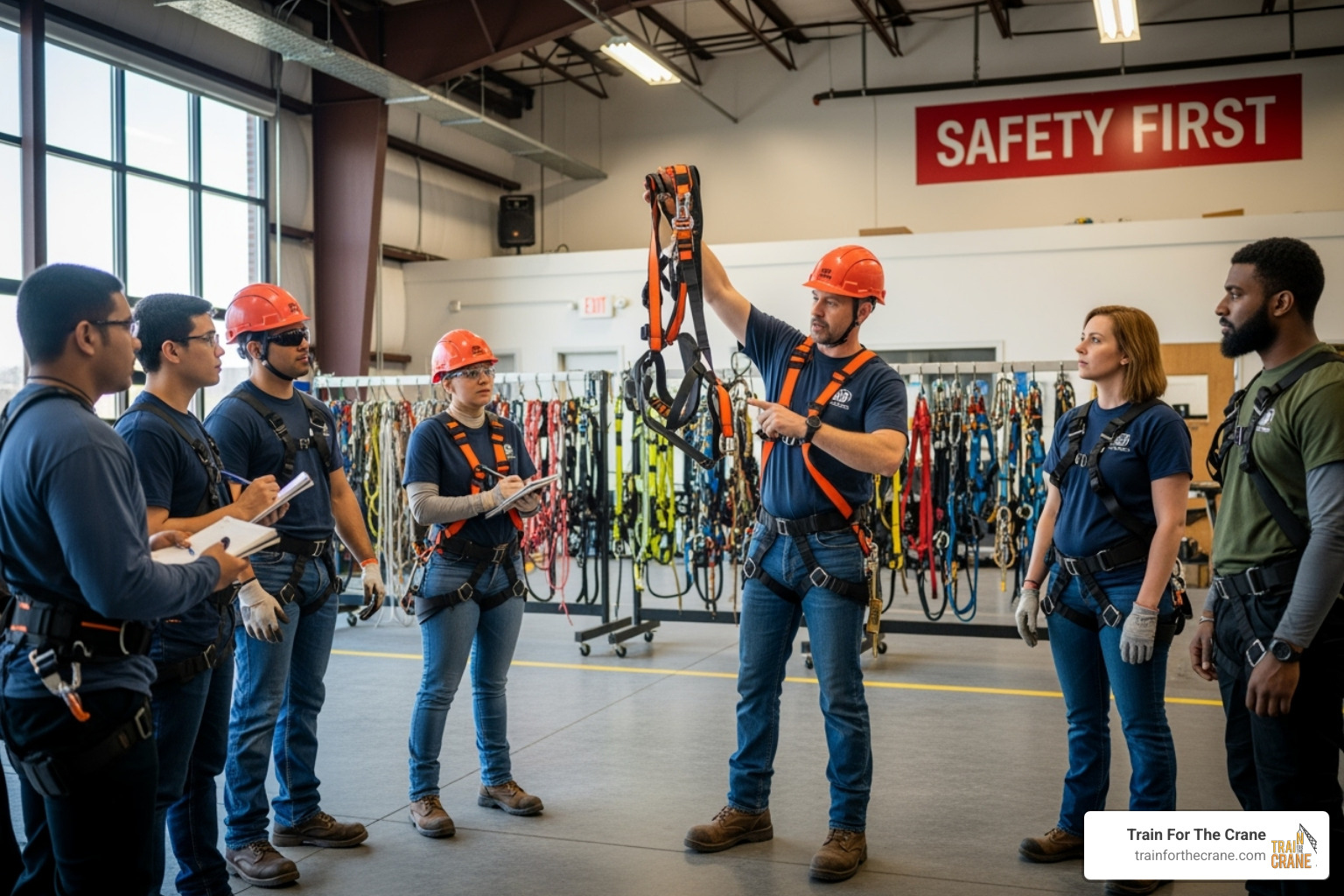 Image of a training session showing an instructor demonstrating how to don a harness - fall arrest training certificate