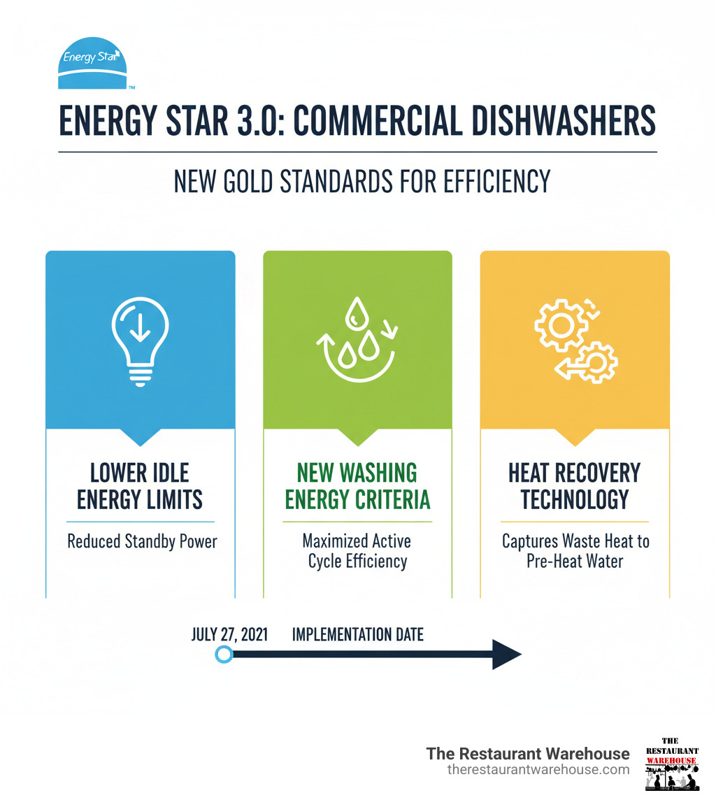 Infographic detailing ENERGY STAR 3.0 criteria for commercial dishwashers, including lower idle energy limits, new washing energy standards, and recognition of heat recovery technology, with a timeline showing implementation date - energy star commercial dishwasher infographic 