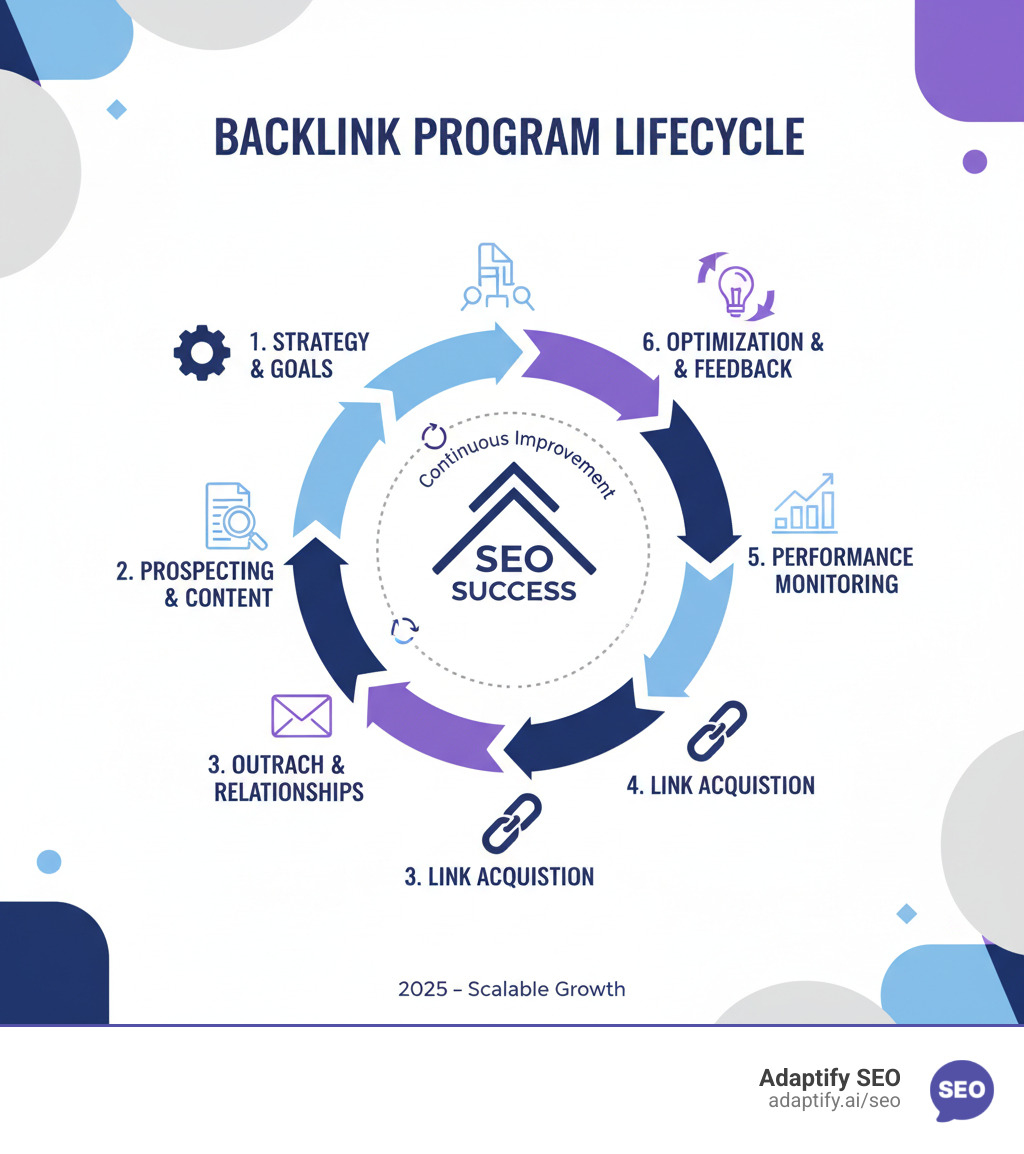Comprehensive infographic showing the complete backlink program lifecycle from initial strategy planning and goal setting, through prospecting and content creation, to outreach execution, relationship building, link acquisition, performance monitoring, and program optimization with feedback loops - Backlink Program infographic