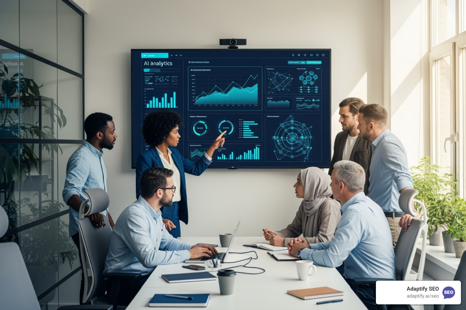 team collaborating around a screen showing AI analytics - AI driven content strategy