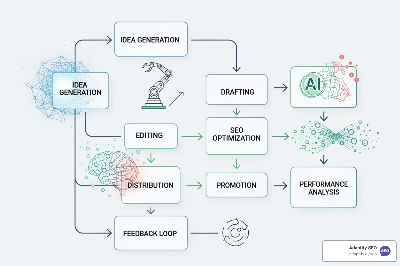 flowchart showing AI tools integrating into a content workflow - AI driven content strategy