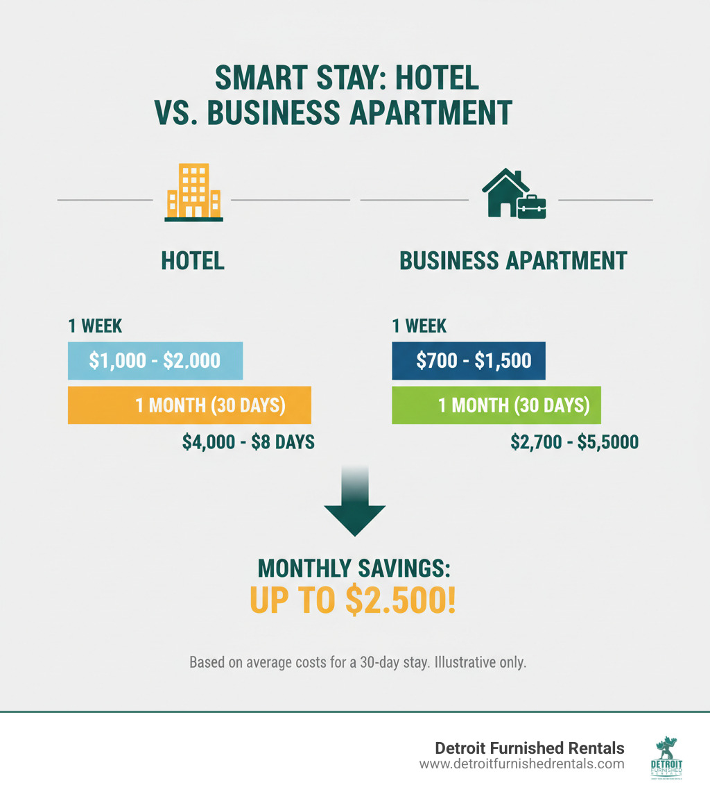 Table comparing the weekly/monthly cost of a hotel vs. a business travel apartment for a 30-day stay - Business travel apartments infographic 