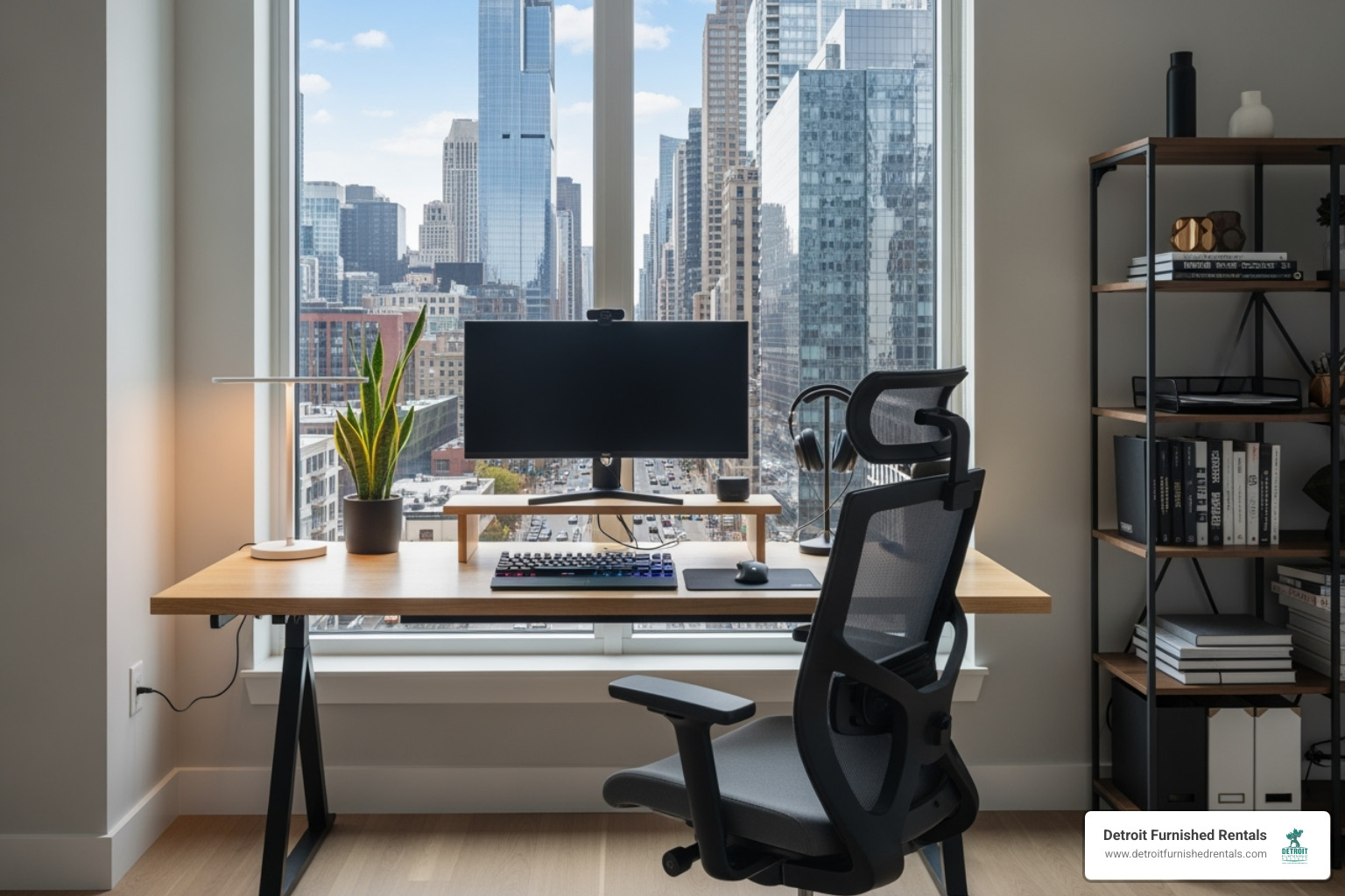 dedicated home office setup within an apartment, overlooking a city view - Business travel apartments