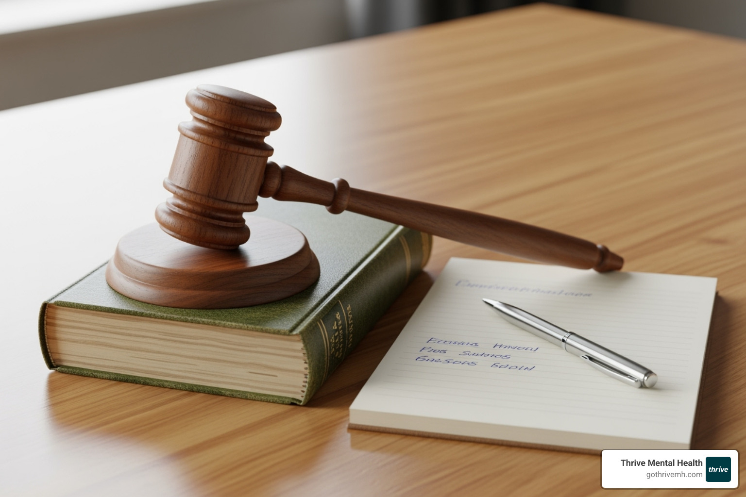 A gavel resting on a law book next to a notepad and pen - mental health evaluation Florida