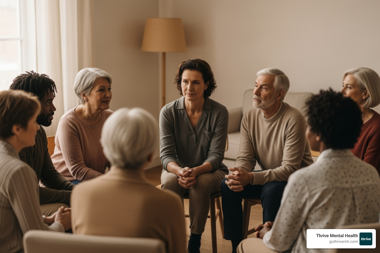 A diverse group of people in a supportive group therapy session - mental health evaluation Florida