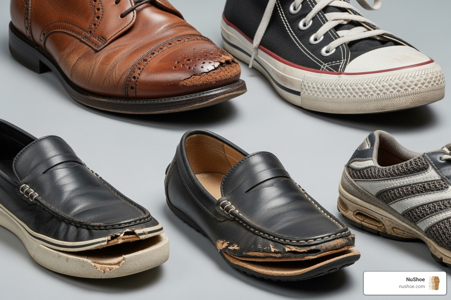 different types of shoe damage like scuffs, cracks, and sole separation - old shoe restoration