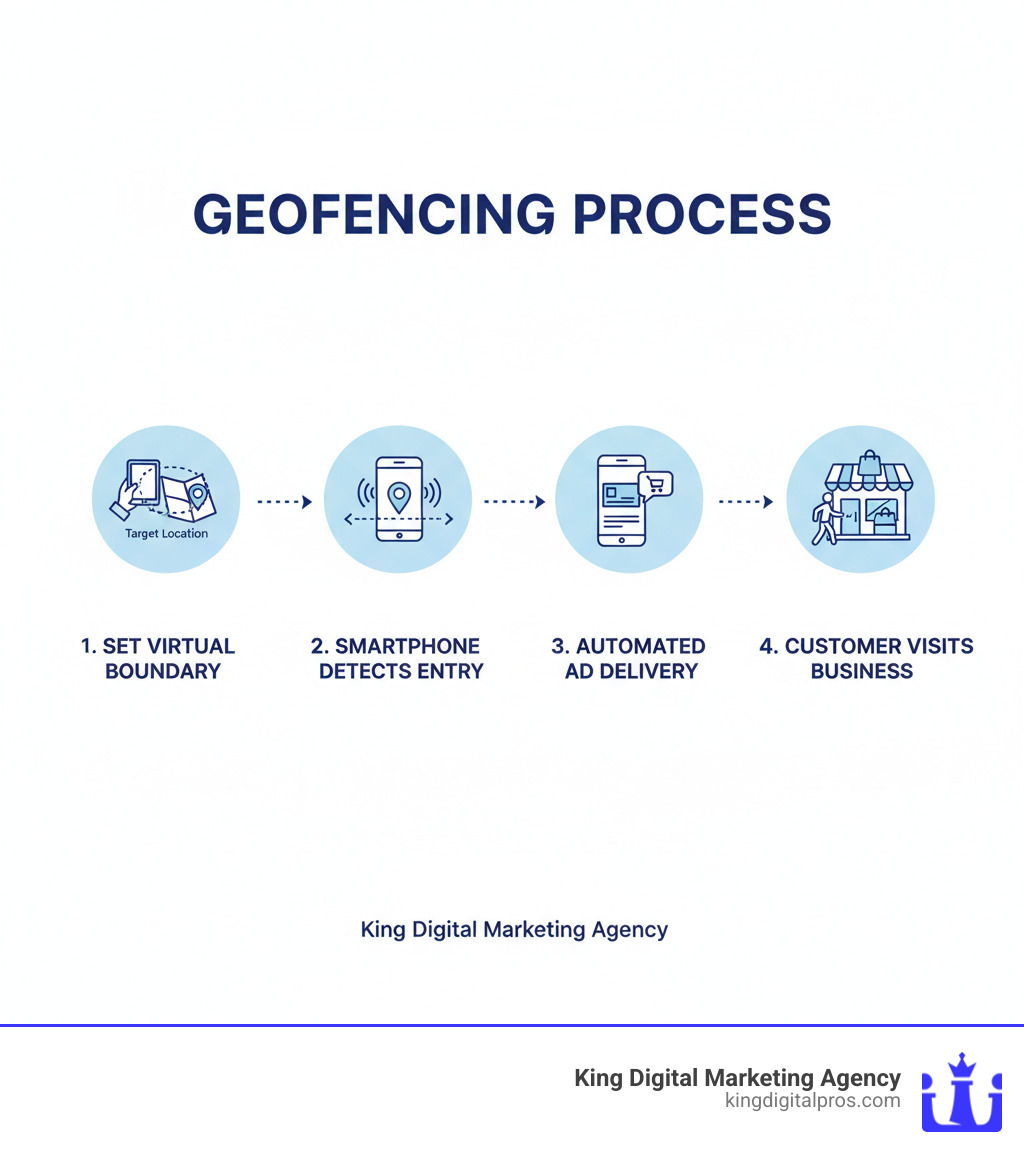 Infographic showing the complete geofencing process from business owner setting up virtual boundaries around target locations, to smartphones detecting entry into geofenced areas, to automated ad delivery on mobile devices, ending with customers visiting the business location - Geofencing Marketing Software infographic 