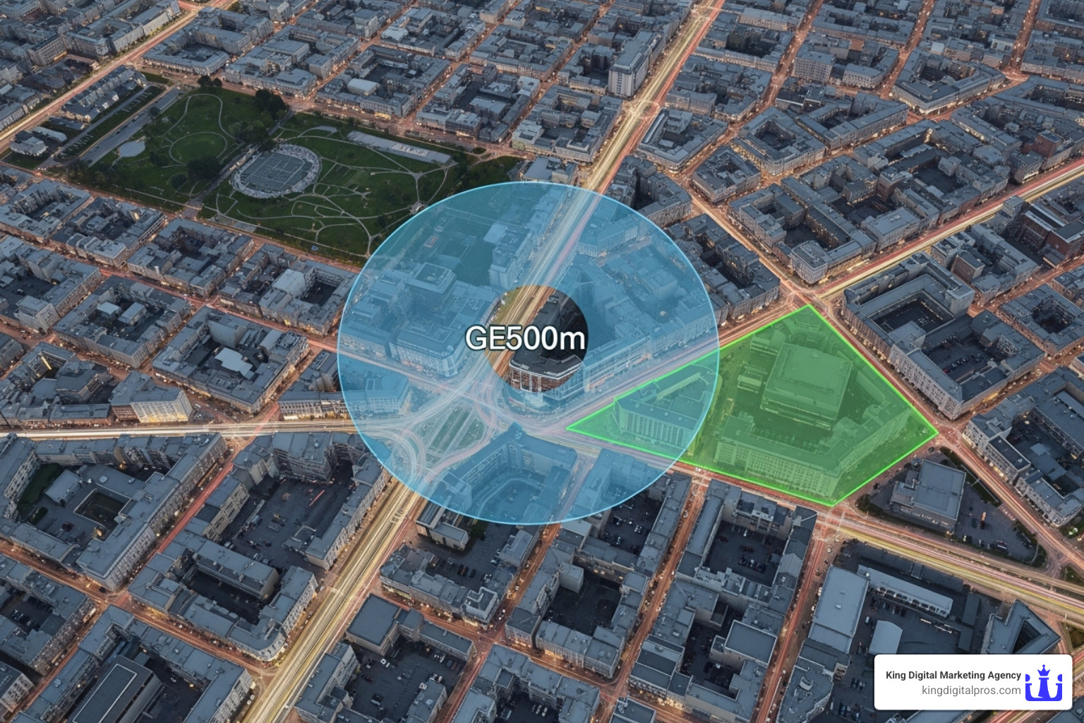 Image showing a circular radius geofence overlaid on a map with a broader area, and a custom-shaped polygon geofence tightly outlining a specific building - Geofencing Marketing Software