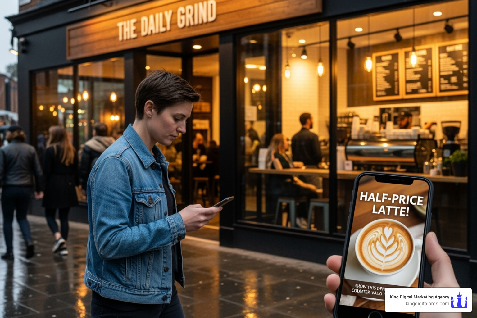 Image of a person walking past a coffee shop, looking at their phone which displays an ad for the coffee shop's special offer - Geofencing Marketing Software