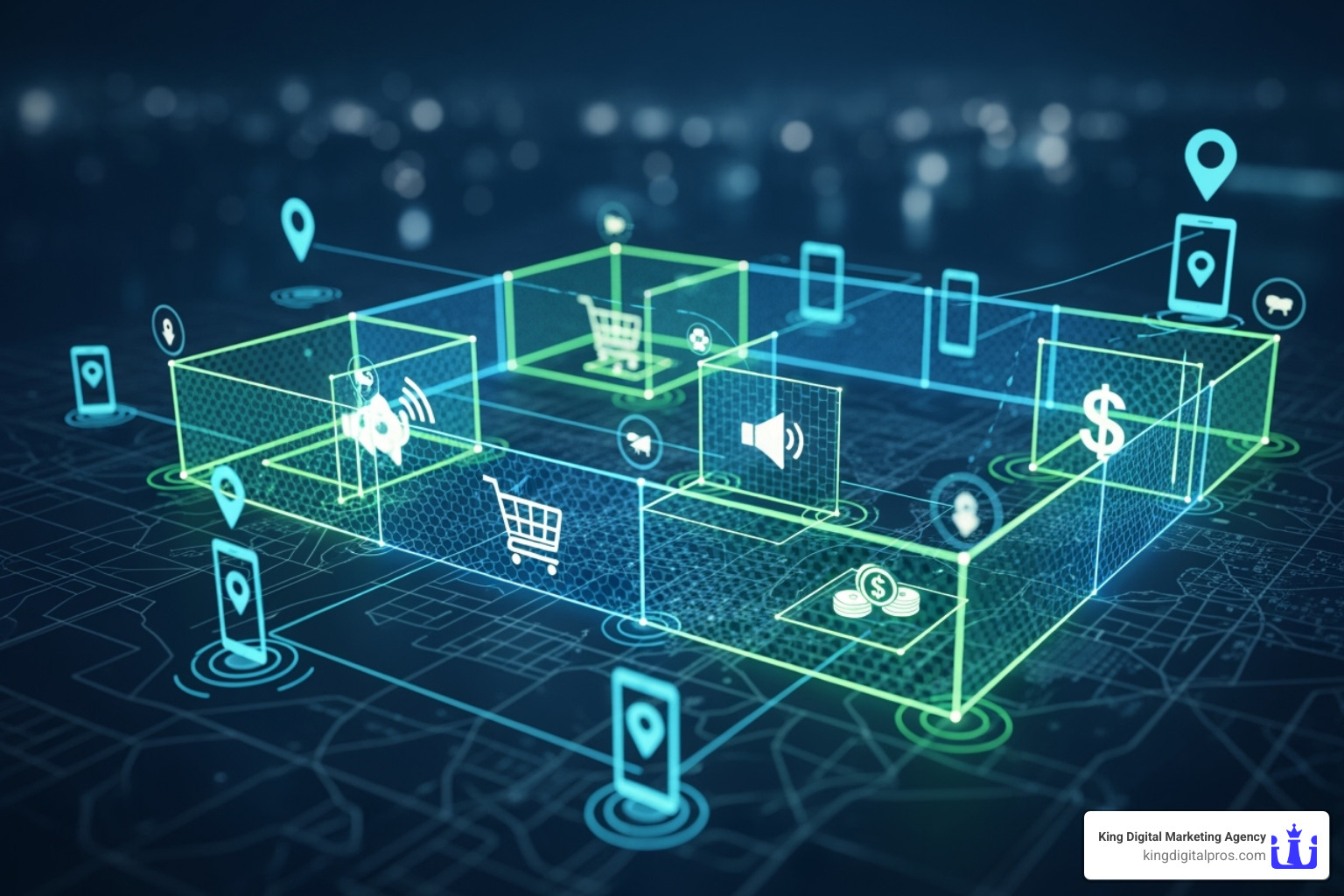Image of a futuristic dashboard displaying complex data visualizations, including heatmaps of customer movement, predictive analytics, and AI-driven campaign recommendations - Geofencing Marketing Software