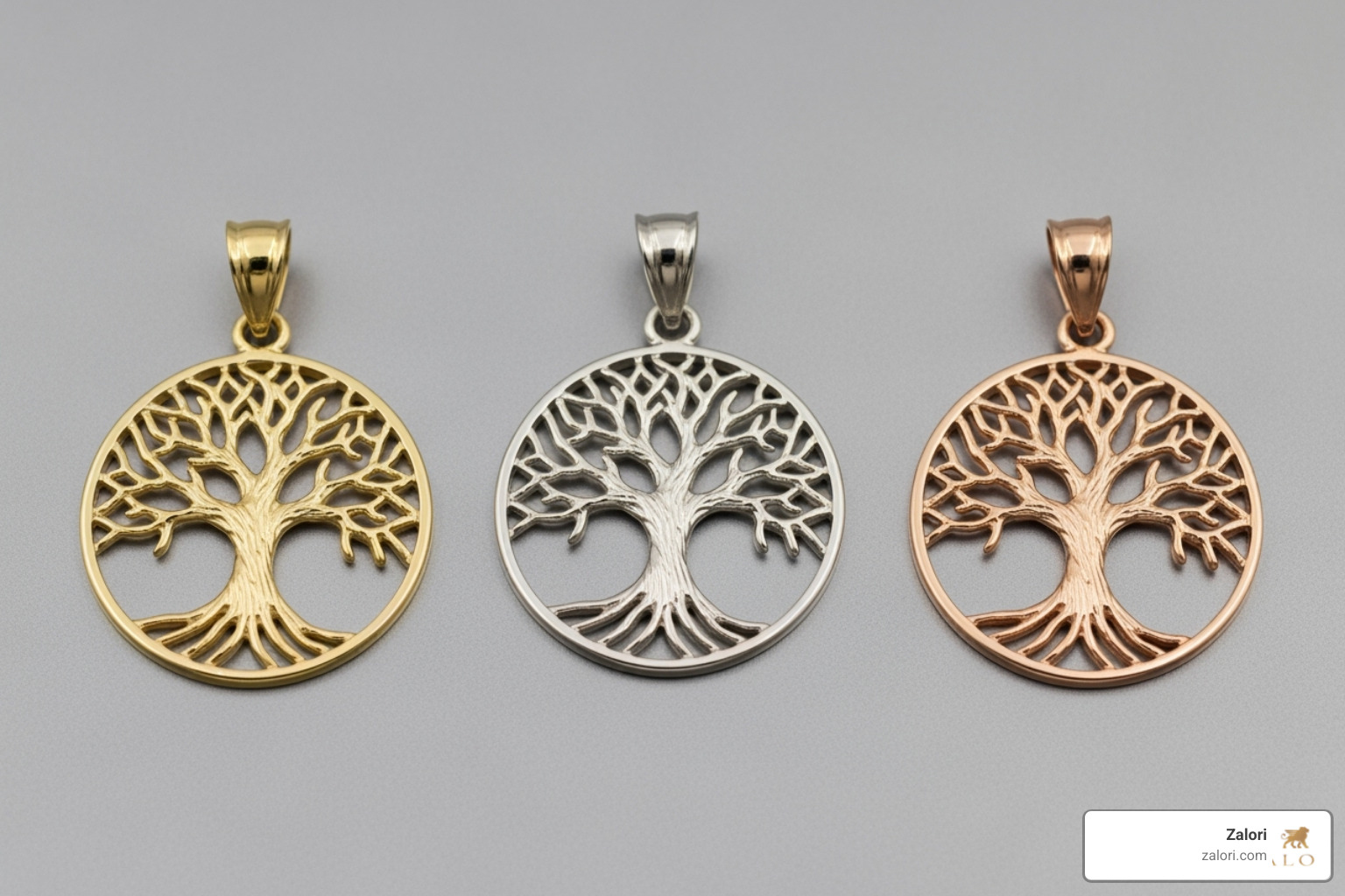 three Tree of Life pendants in yellow, white, and rose gold side-by-side - tree of life diamond necklace three Tree of Life pendants in yellow, white, and rose gold side-by-side - tree of life diamond necklace