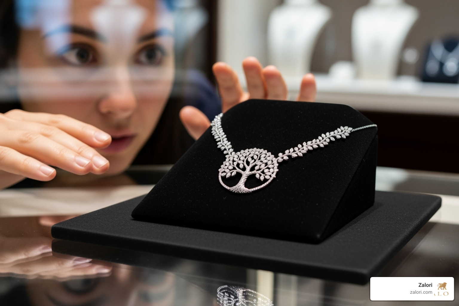 person closely examining a tree of life diamond necklace at a jeweler's counter - tree of life diamond necklace person closely examining a tree of life diamond necklace at a jeweler's counter - tree of life diamond necklace