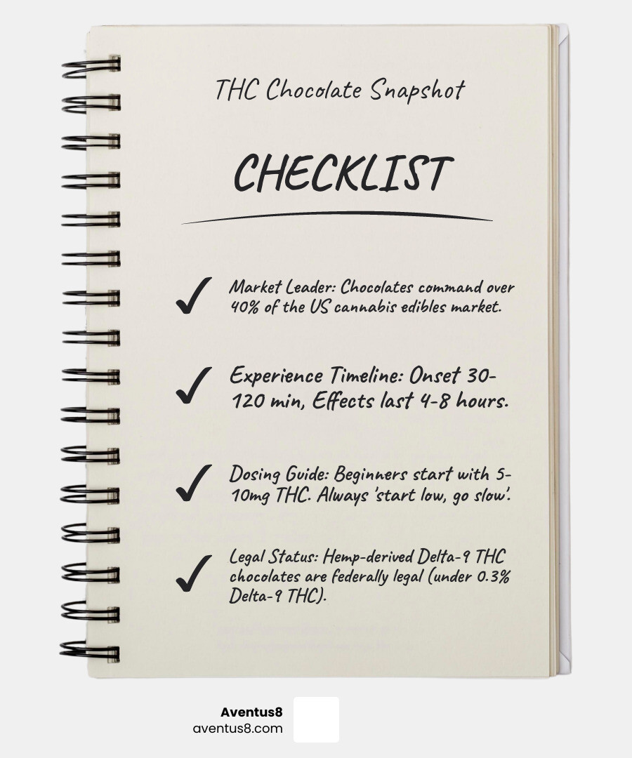 Infographic showing THC chocolate market growth with breakdown of chocolate types (dark, milk, white), dosage ranges (1-5mg beginner, 5-10mg moderate, 10mg+ experienced), onset times (30-120 minutes), duration (4-8 hours), and Florida's hemp law compliance requirements under the 2018 Farm Bill - THC chocolates infographic checklist-notebook