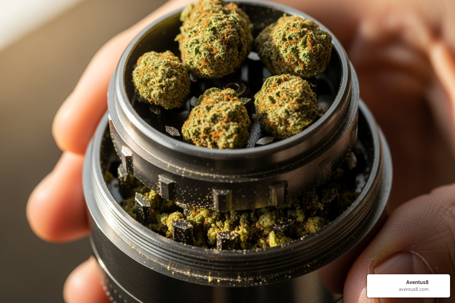 cannabis flower being ground for decarboxylation - THC chocolates