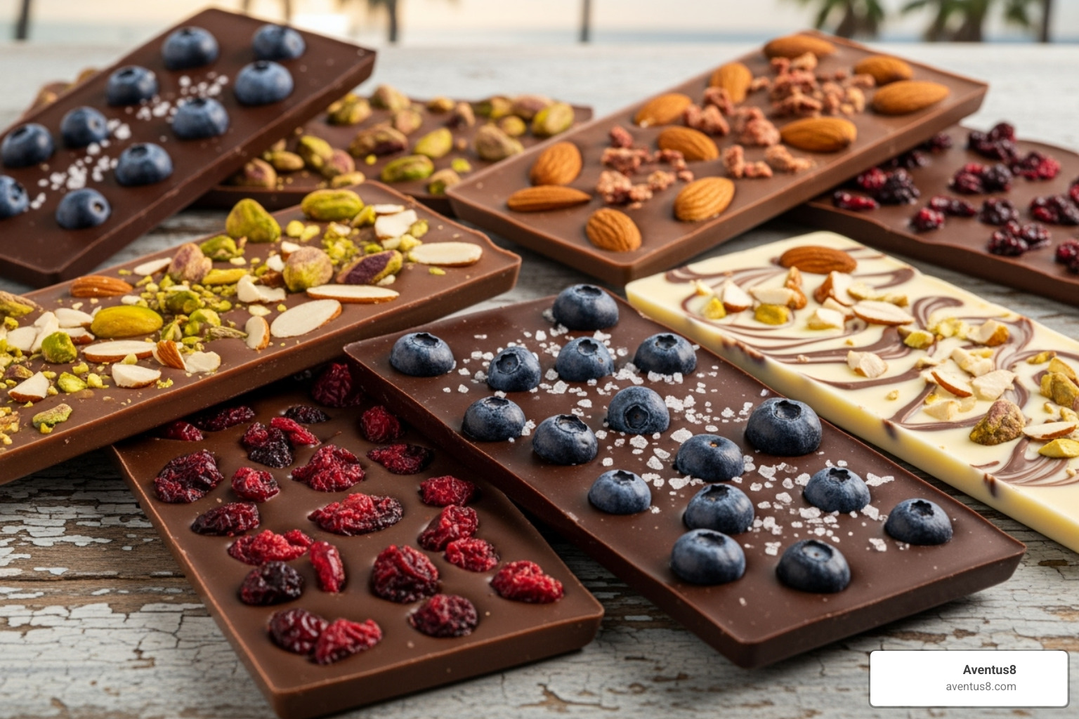 Different THC chocolate bars with various toppings in a Hollywood, FL setting - THC chocolates