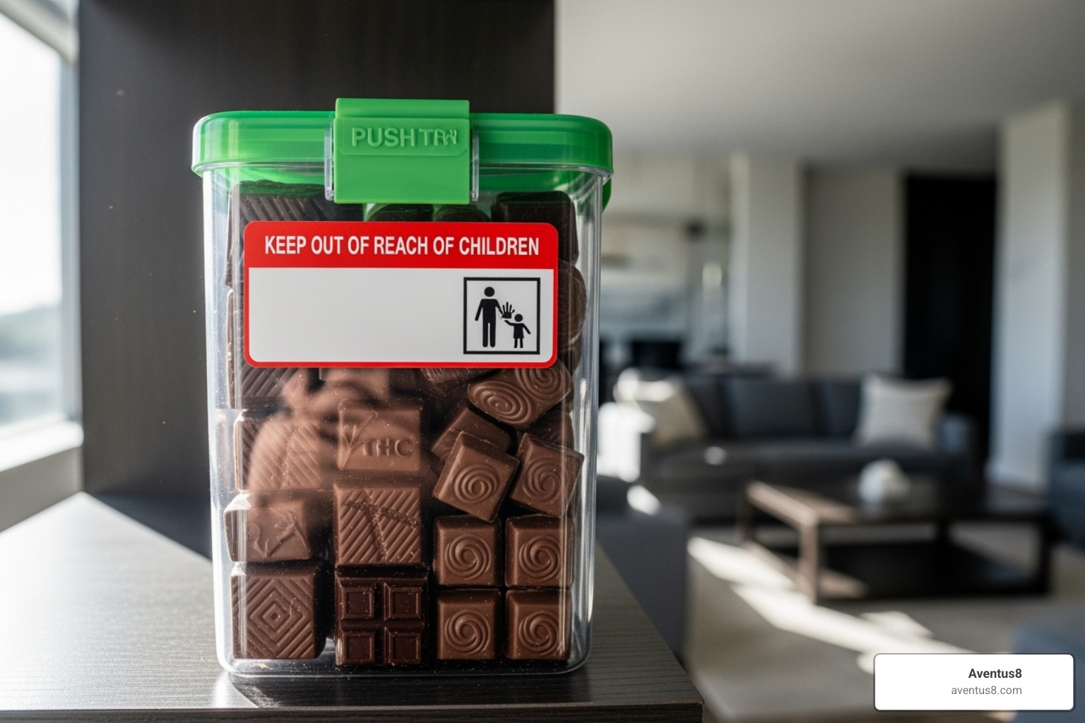 THC chocolates stored safely in a child-proof container in a Hollywood, FL home - THC chocolates