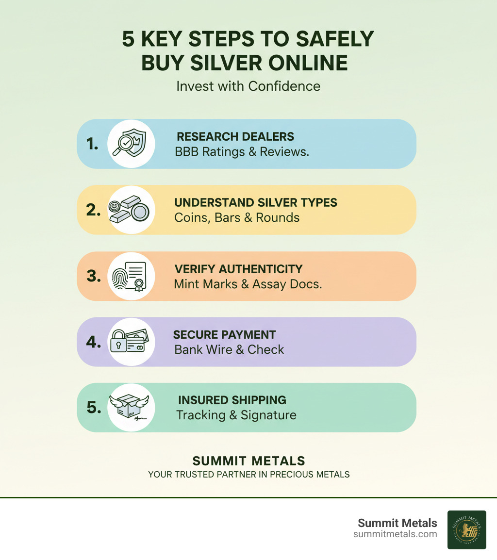 Infographic showing 5 key steps to safely buy silver online: 1) Research reputable dealers with BBB ratings and customer reviews, 2) Understand silver types - coins offer legal tender protection, bars provide lower premiums, rounds maximize ounces per dollar, 3) Verify authenticity through mint marks and assay documentation, 4) Choose secure payment methods like bank wire or check for best pricing, 5) Ensure fully insured shipping with tracking and signature confirmation - buy silver online infographic Infographic showing 5 key steps to safely buy silver online: 1) Research reputable dealers with BBB ratings and customer reviews, 2) Understand silver types - coins offer legal tender protection, bars provide lower premiums, rounds maximize ounces per dollar, 3) Verify authenticity through mint marks and assay documentation, 4) Choose secure payment methods like bank wire or check for best pricing, 5) Ensure fully insured shipping with tracking and signature confirmation - buy silver online infographic
