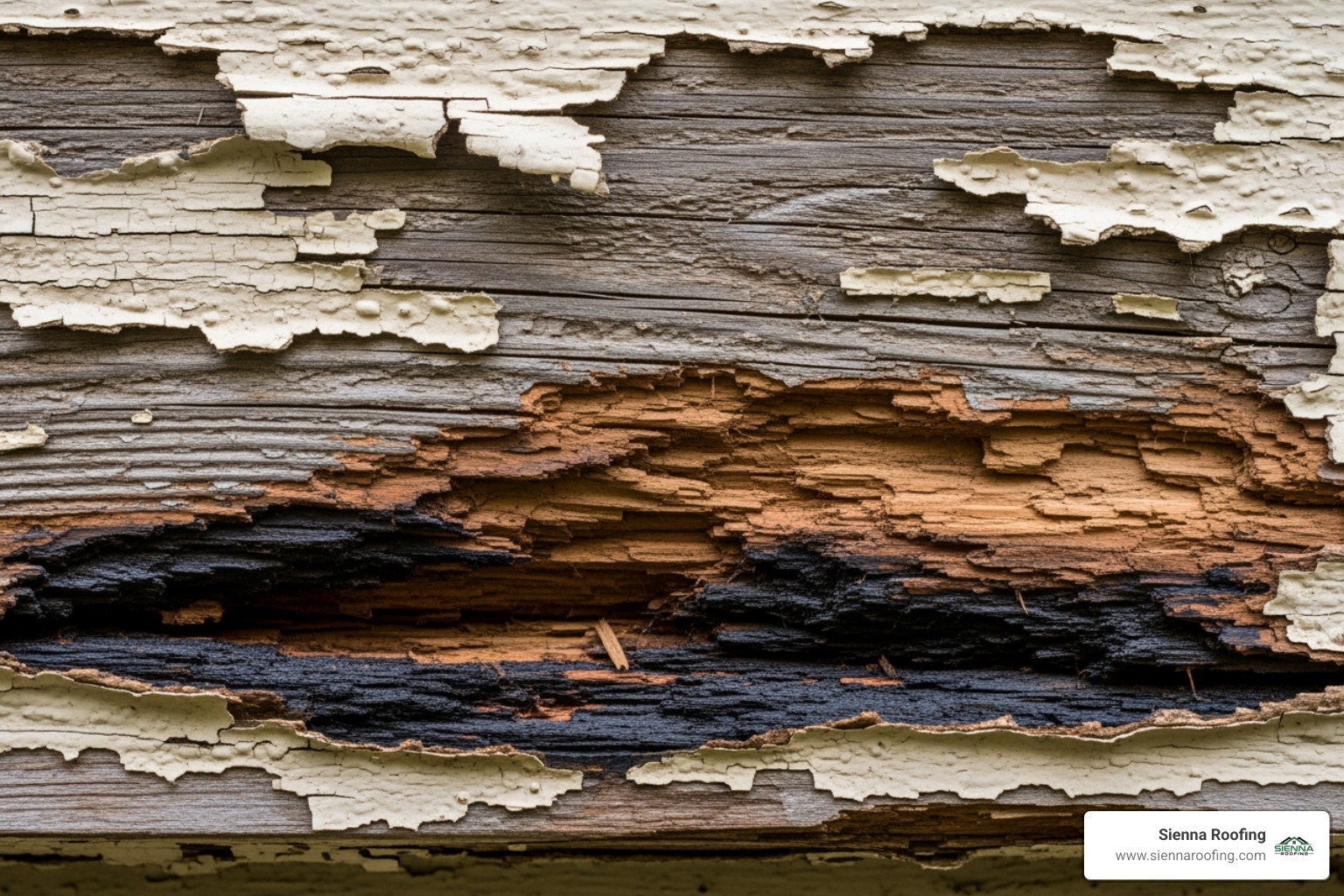 A close-up image of a severely rotted wooden fascia board with visible peeling paint and dark, damp areas indicating water damage - fascia soffit and guttering replacement cost A close-up image of a severely rotted wooden fascia board with visible peeling paint and dark, damp areas indicating water damage - fascia soffit and guttering replacement cost