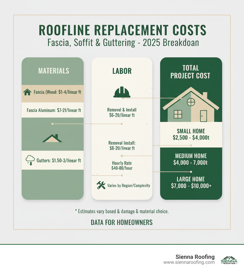 Detailed breakdown of fascia soffit and guttering replacement costs showing material prices, labor rates, and total project costs by home size - fascia soffit and guttering replacement cost infographic Detailed breakdown of fascia soffit and guttering replacement costs showing material prices, labor rates, and total project costs by home size - fascia soffit and guttering replacement cost infographic