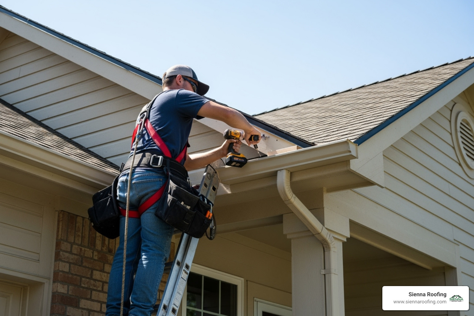 A professional roofer wearing a safety harness carefully installing a new fascia board on a residential home - fascia soffit and guttering replacement cost A professional roofer wearing a safety harness carefully installing a new fascia board on a residential home - fascia soffit and guttering replacement cost