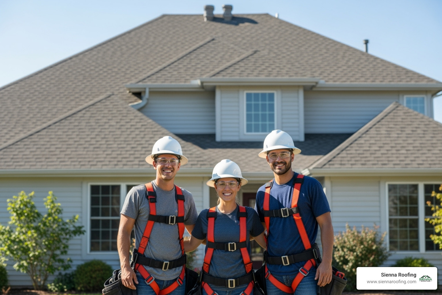 Sienna Roofing team members wearing safety harnesses smiling in front of a recently completed roofing project on a residential home - fascia soffit and guttering replacement cost Sienna Roofing team members wearing safety harnesses smiling in front of a recently completed roofing project on a residential home - fascia soffit and guttering replacement cost