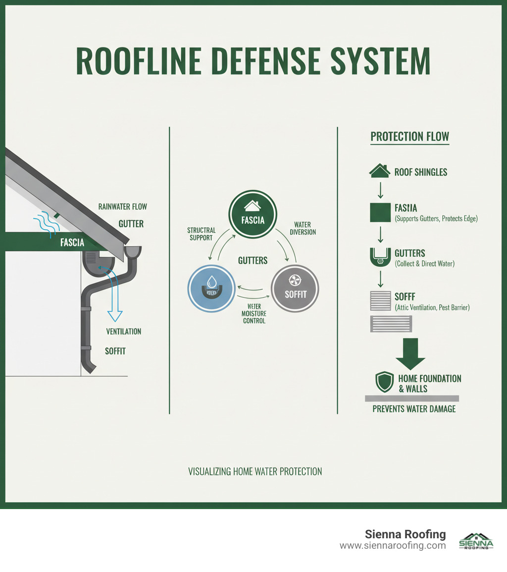 An infographic illustrating how fascia, soffits, and gutters work together to protect a home from water damage, showing water flow, ventilation, and structural support - fascia soffit and guttering replacement cost infographic An infographic illustrating how fascia, soffits, and gutters work together to protect a home from water damage, showing water flow, ventilation, and structural support - fascia soffit and guttering replacement cost infographic