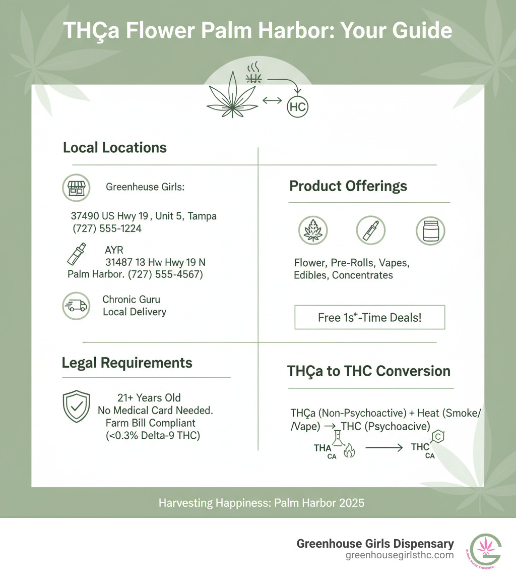 Infographic showing THCa flower dispensary locations in Palm Harbor with addresses, contact information, product offerings, legal requirements, and the conversion process from non-psychoactive THCa to psychoactive THC when heated - thca flower palm harbor infographic Infographic showing THCa flower dispensary locations in Palm Harbor with addresses, contact information, product offerings, legal requirements, and the conversion process from non-psychoactive THCa to psychoactive THC when heated - thca flower palm harbor infographic